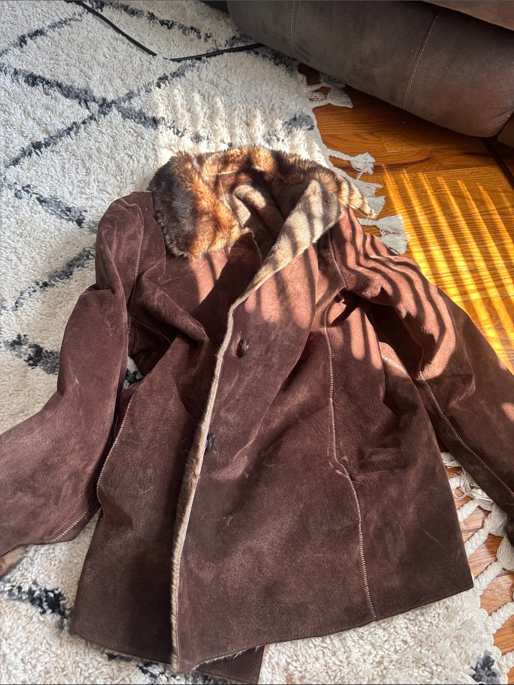 New York & Company Women's Brown Suede Coat with Faux Fur Collar